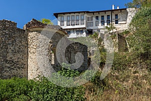 Old houses, sand pyramids and ruins of Saint Barbara church in town of Melnik, Bulgaria