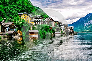 Old houses sides of lake in Hallstatt in Austria