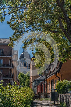 Old houses in Stockholm. Sodermalm district. Sweden. Scandinavia. View with Katarina kyrka