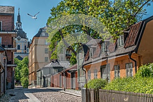 Old houses in Stockholm. Sodermalm district. Sweden. Scandinavia. View with Katarina kyrka