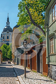 Old houses in Stockholm. Sodermalm district. Sweden. Scandinavia. View with Katarina kyrka