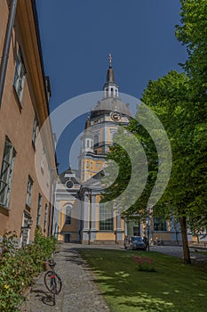 Old houses in Stockholm. Sodermalm district. Sweden. Scandinavia. View with Katarina kyrka