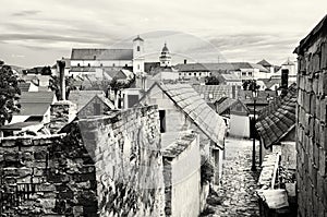 Old houses, streets and churches in Skalica town, Slovakia, blac