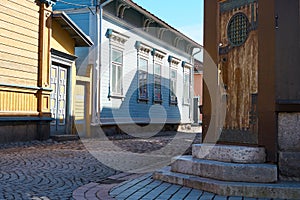 Old houses and streets of old town of Rauma city, Finland.