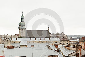 Old houses and towers of the historic city of Lvov Ukraine, view