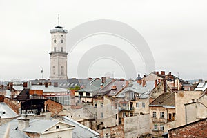 Old houses and towers of the historic city of Lvov Ukraine, view
