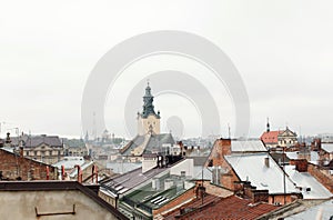 Old houses and towers of the historic city of Lvov Ukraine, view