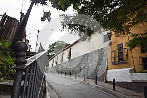 Old houses, vegetation, leafy trees, lonely narrow street and old iron railing with ornament and a bit of rust El Hatillo Miranda