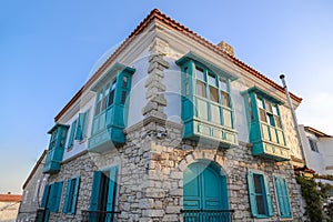 Old Houses view in historical Alacati Town. Alacati is populer tourist destination in Turkey.