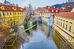 The Devil`s Canal with wheel of Smeltery Water Mill, Prague, Czech Republic