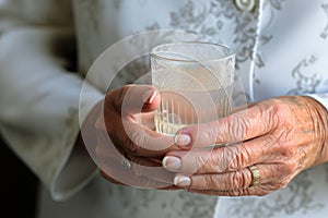 Old human hands close up grandmother holding glass of mineral water woman drinking fresh clear health pure refreshing