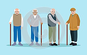 Old humpbacked people with cane . Cartoon characters design . Vector