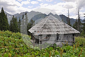 Old hunters hut in the Carpathians mountains