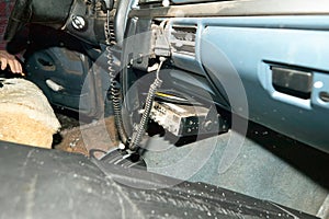 Old hunting 4x4 vehicle interior with radio