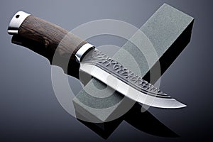 Old hunting knife lying on a carved wooden table in the dark