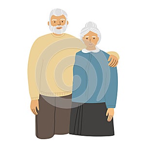 Old husband and wife. Couple standing together. Grandparent are hugging. Flat cartoon characters isolated on white