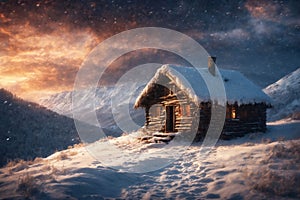 an old hut against the background of hard nature in winter, blizzard, dramatic sky and snowy mountains, forest, beautiful