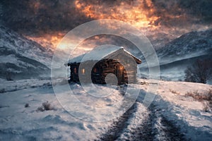 an old hut against the background of hard nature in winter, blizzard, dramatic sky and snowy mountains, forest, beautiful