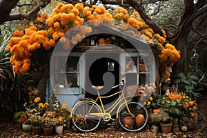 an old hut or barn on the background of beautiful autumn nature, decorated with flowers and old things with a bicycle at the