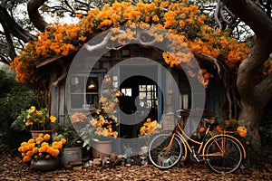 an old hut or barn on the background of beautiful autumn nature, decorated with flowers and old things with a bicycle at the