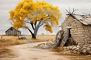 an old hut or barn made of stone against the background of beautiful autumn nature, cozy, a cart wheel in front of it