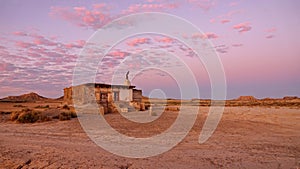 Old hut at sunset at Las Bardenas Reales semi desert in Navara, Spain