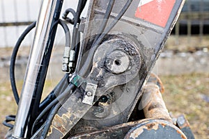 Old hydraulic hoses. Hydraulic installation in an old excavator.