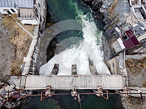 Old hydroelectric power station. Chemal, Altai Russia aerial view from above by drones