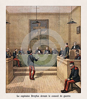 Old illustration of the Captain Dreyfus in front of the Council of War