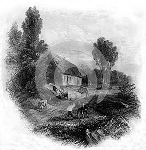 Old Illustration of Eighteenth Century Scottish Lowlands Landscape