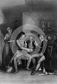 Old Illustration of Eighteenth Century Scottish Lowlands Social Scene