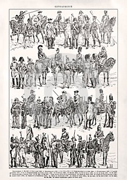 Old illustration about the French Gendarmerie from the 16th to late 19th century photo