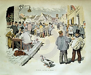 Old illustration of a French villagers on election day