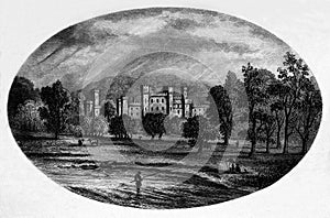 Old Illustration of Historic Scottish House Landscape