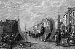 Old Illustration of Historic Town Scene