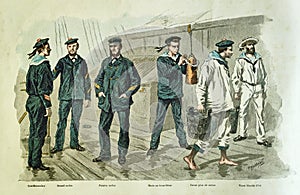 Old illustration of men in various uniforms of the French navy in late 19th century