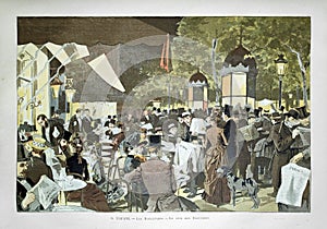 Old illustration of a Parisians on the terrace of a cafe