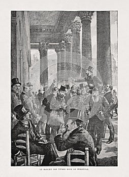 Old illustration of a people at the Stock exchange of Paris photo