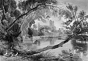 Old Illustration of River and Historic Abbey Scene