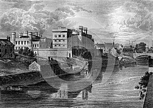 Old Illustration of River Scene of Historic Scottish Town