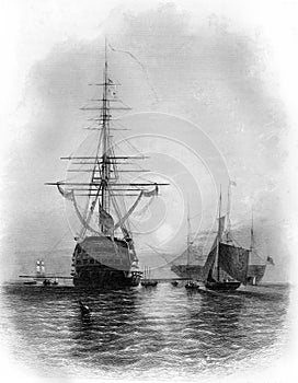 Old Illustration of Ships at Roadstead in the  South of England