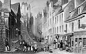 Old Illustration of Street Scene of the Capital City of Scotland