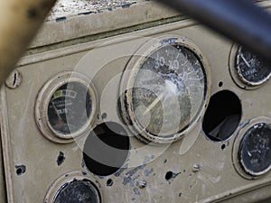 Old immobile jeep and closeup