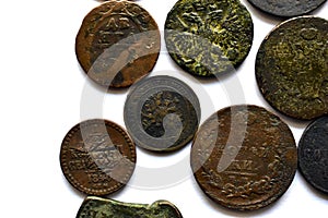 Old Imperial Russian coins on a white background Translation: Kopeck, kopeck in silver