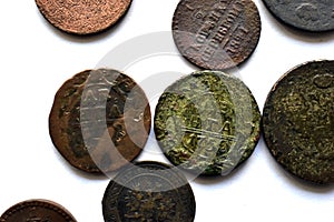 Old Imperial Russian coins on a white background Translation: Kopeck, kopeck in silver