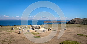 Old Inca Stone Ceremonial Table at Isla del Sol on Titicaca Lake - Bolivia