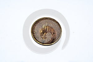 Old Indian 20 paise coin. Year 1970 vintage coin. White background