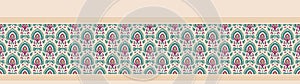 Old indian arabesque paisley buta leaf seamless vector border pattern. Ornate spice color middle eastern banner