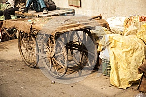 Old Indian cart. Vegetable trader arba at a market in Delhi, India