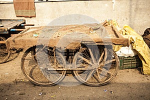 Old Indian cart. Vegetable trader arba at a market in Delhi, India